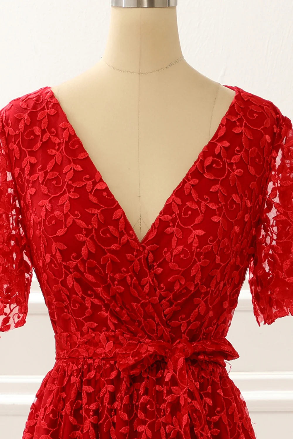 V-Neck Lace Red Prom Dress With Slit