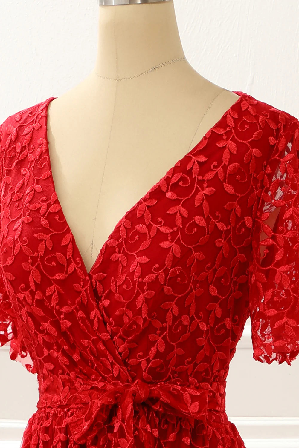 V-Neck Lace Red Prom Dress With Slit