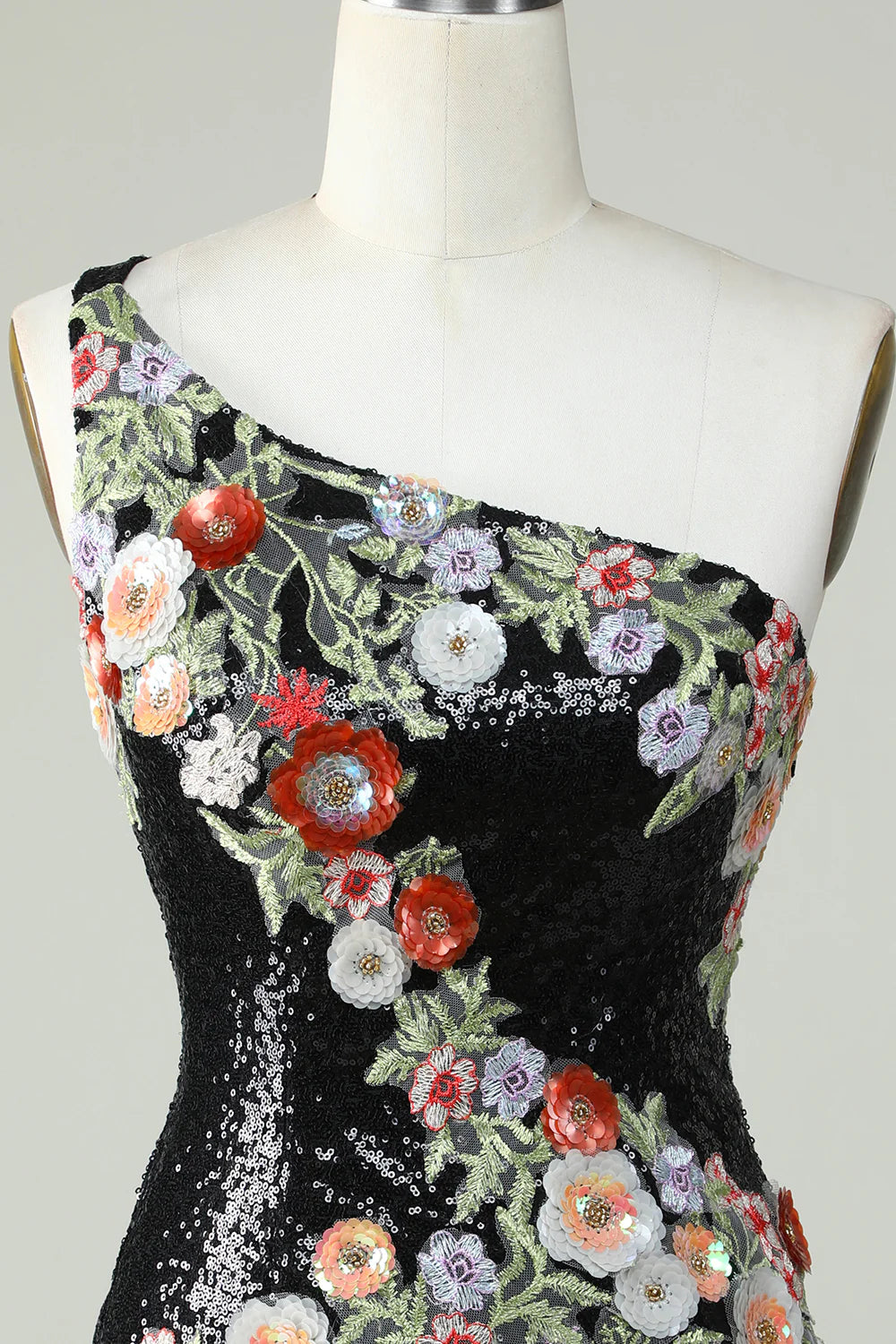 One Shoulder Sequins Tight Black Homecoming Dress With Flowers