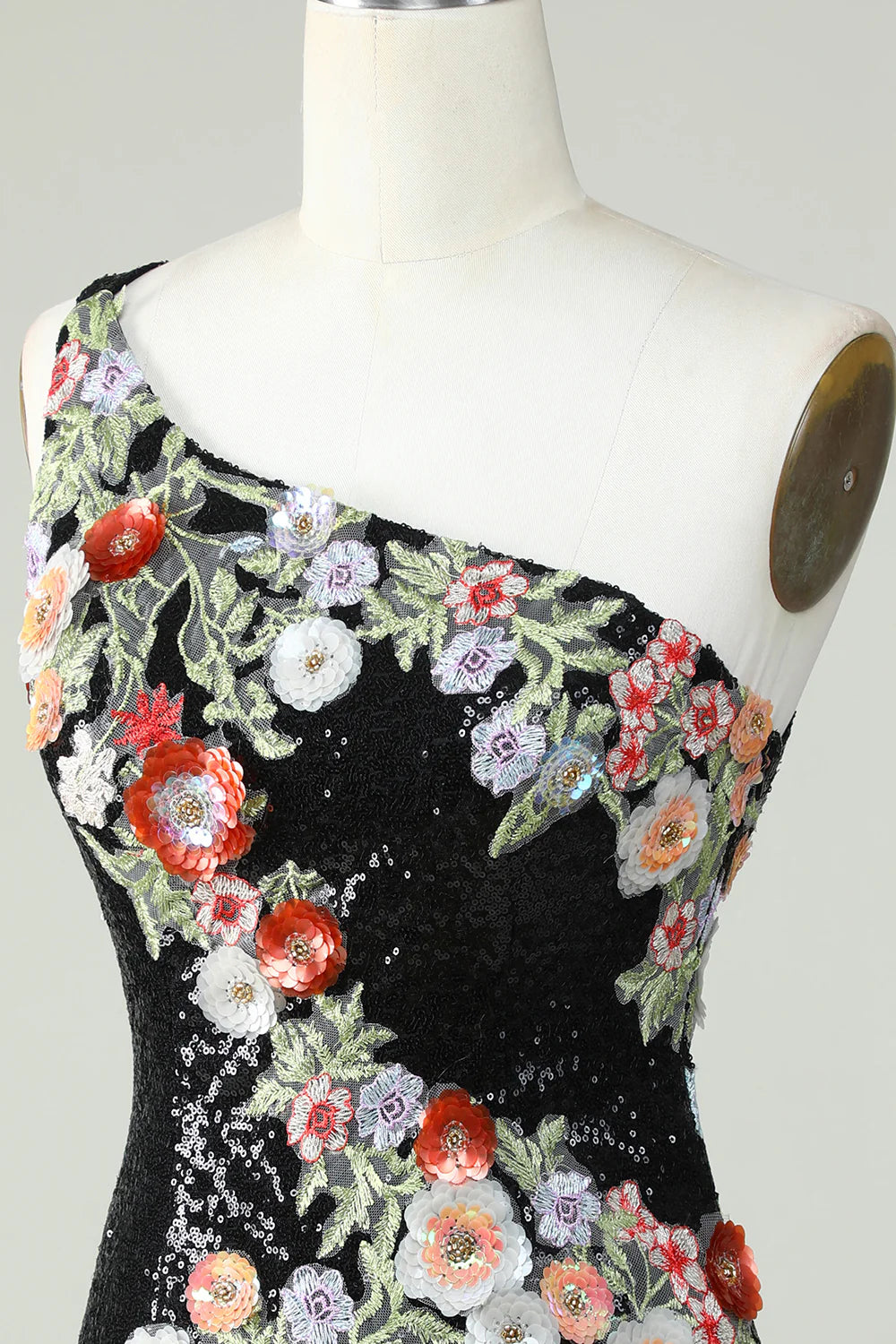 One Shoulder Sequins Tight Black Homecoming Dress With Flowers