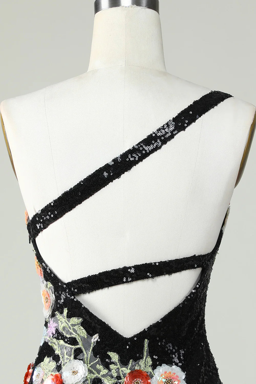 One Shoulder Sequins Tight Black Homecoming Dress With Flowers