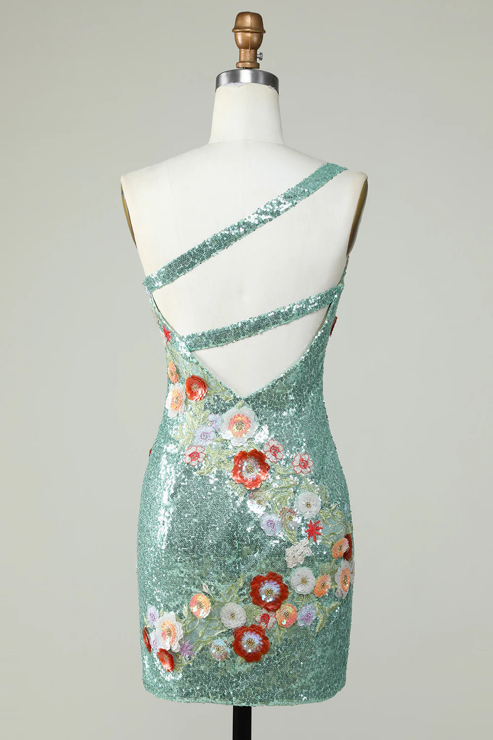 One Shoulder Sequins Tight Green Homecoming Dress With Flowers