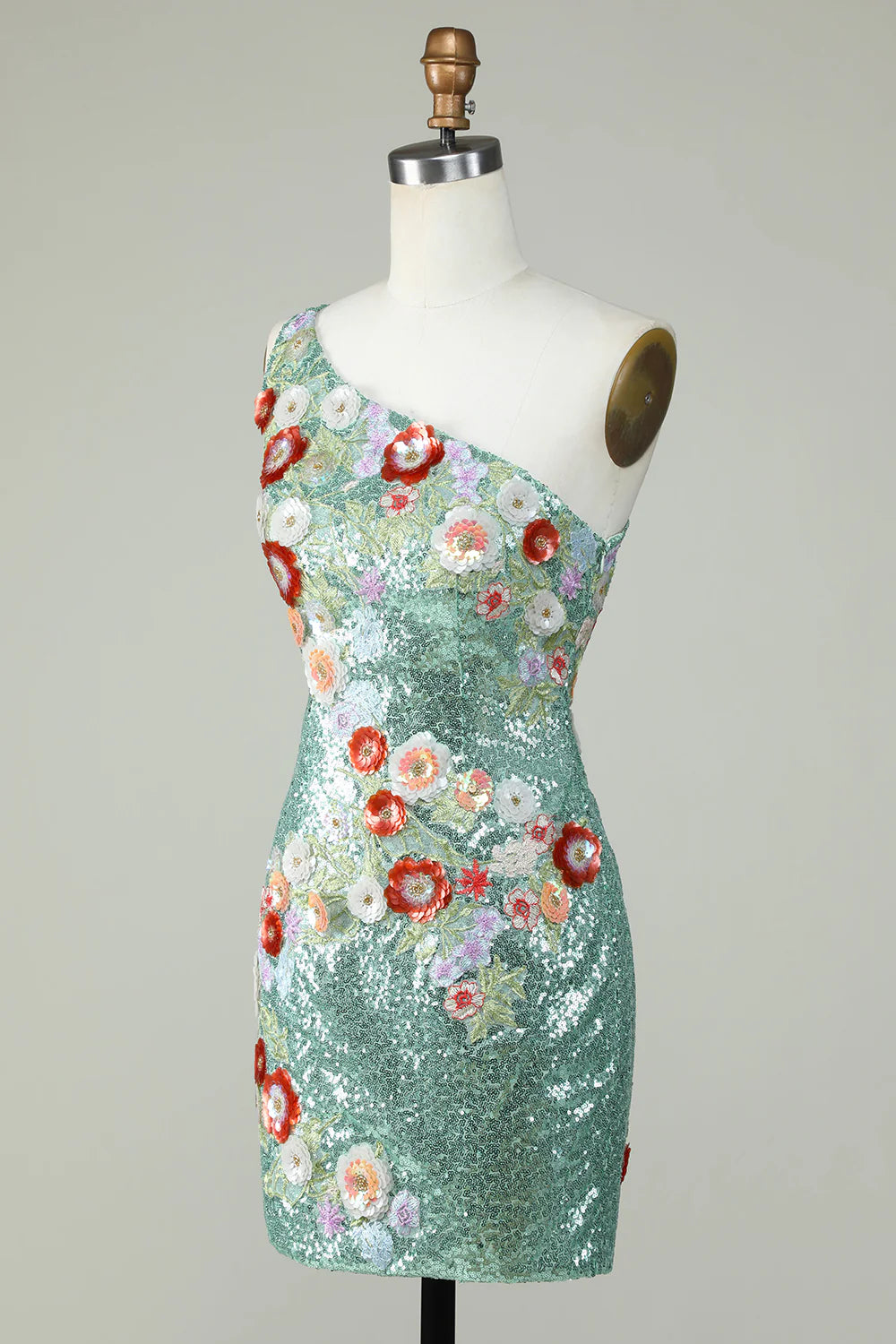 One Shoulder Sequins Tight Green Homecoming Dress With Flowers