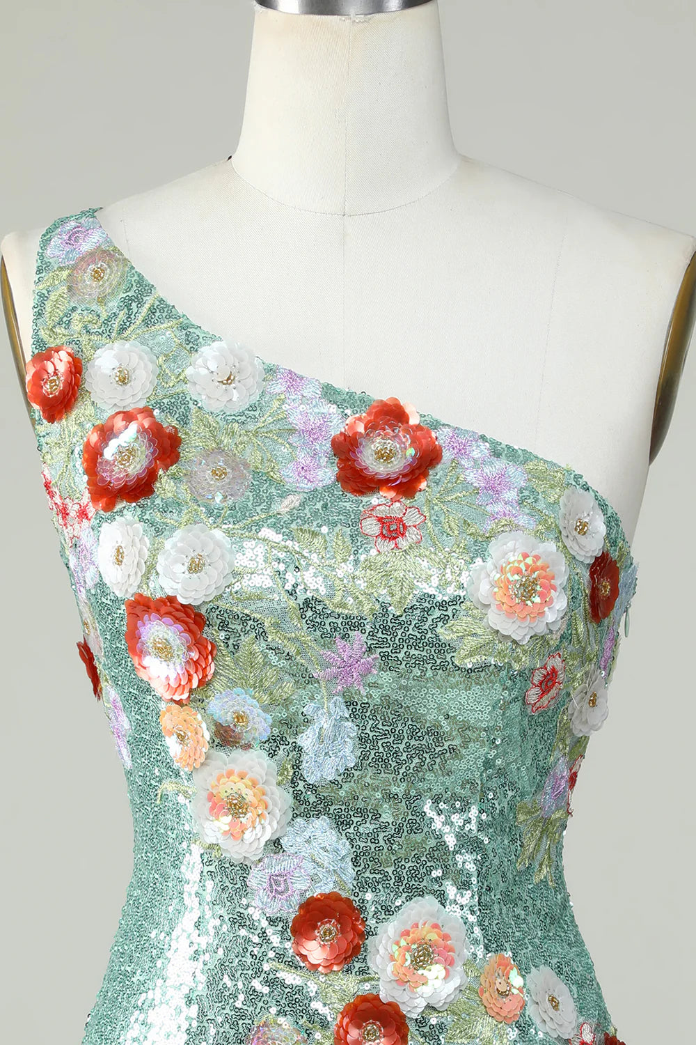One Shoulder Sequins Tight Green Homecoming Dress With Flowers