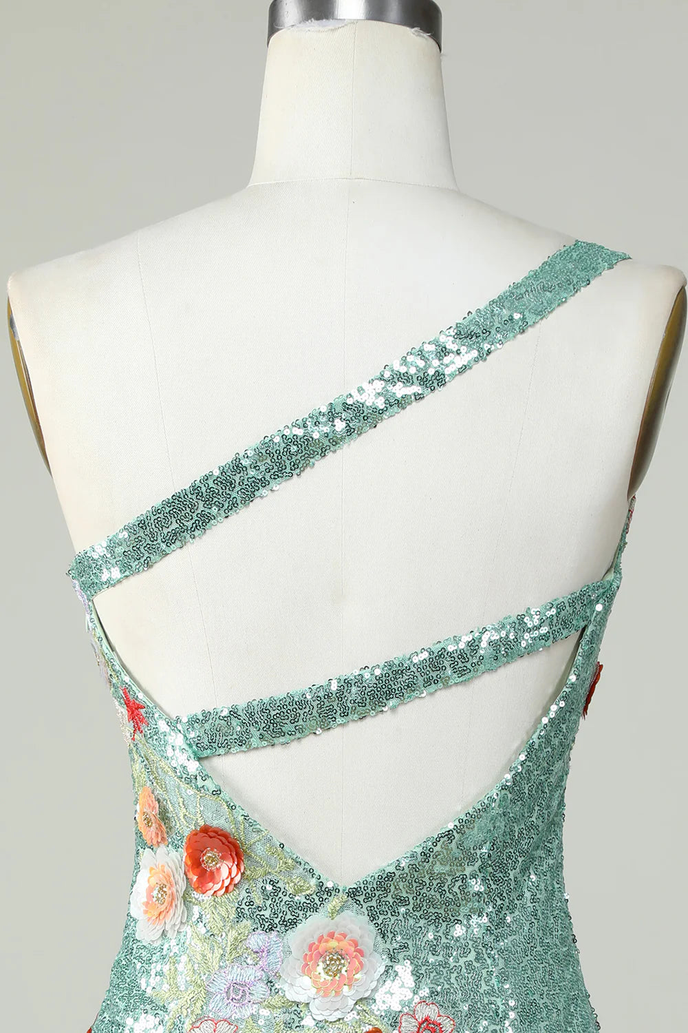 One Shoulder Sequins Tight Green Homecoming Dress With Flowers