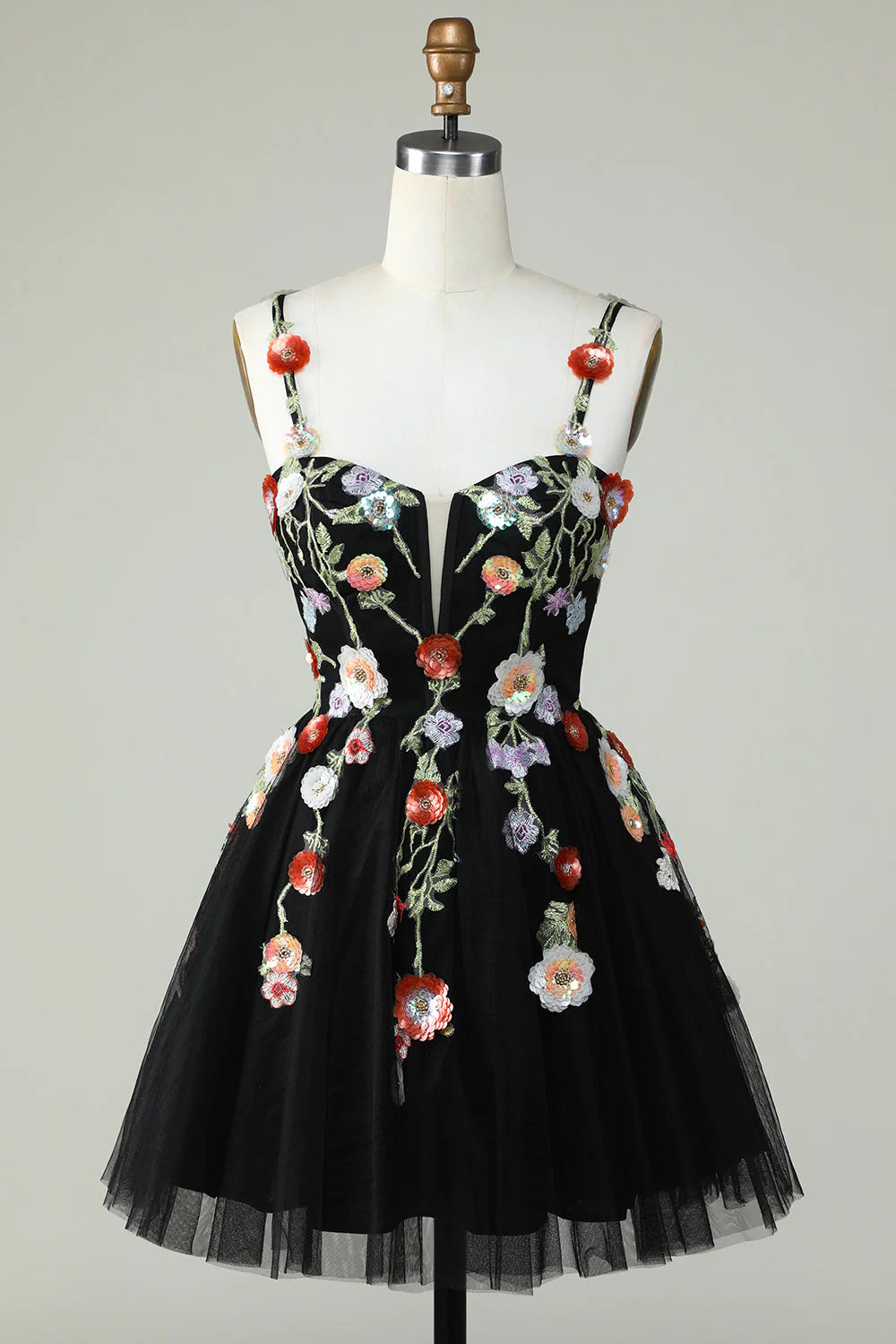 A Line Tulle Sparkly Black Homecoming Dress With Flower