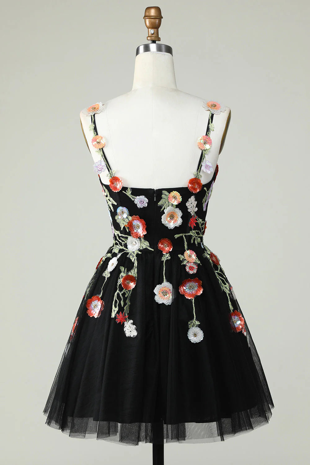 A Line Tulle Sparkly Black Homecoming Dress With Flower
