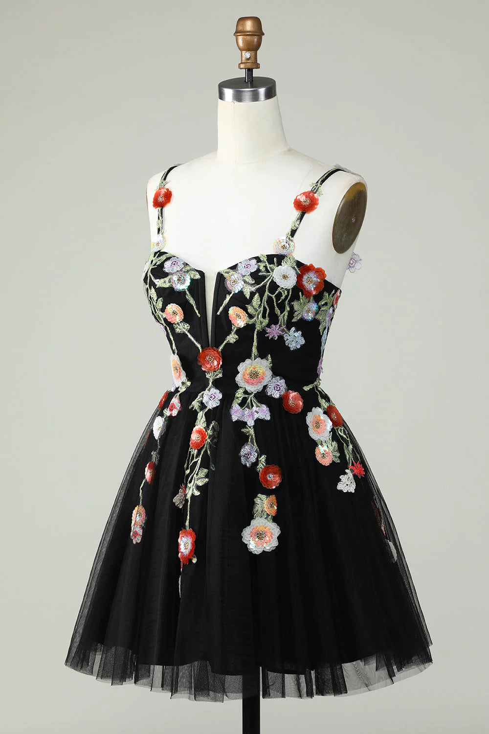 A Line Tulle Sparkly Black Homecoming Dress With Flower