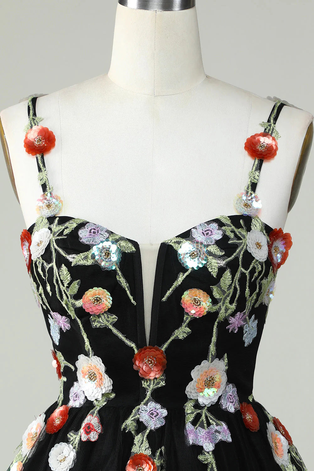 A Line Tulle Sparkly Black Homecoming Dress With Flower