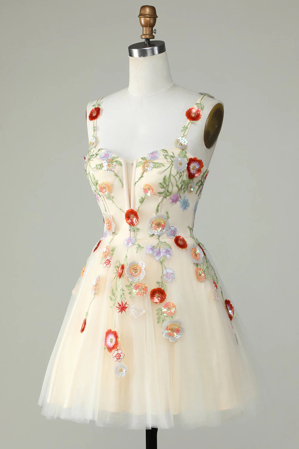 A Line Tulle Sparkly Champagne Homecoming Dress With Flower