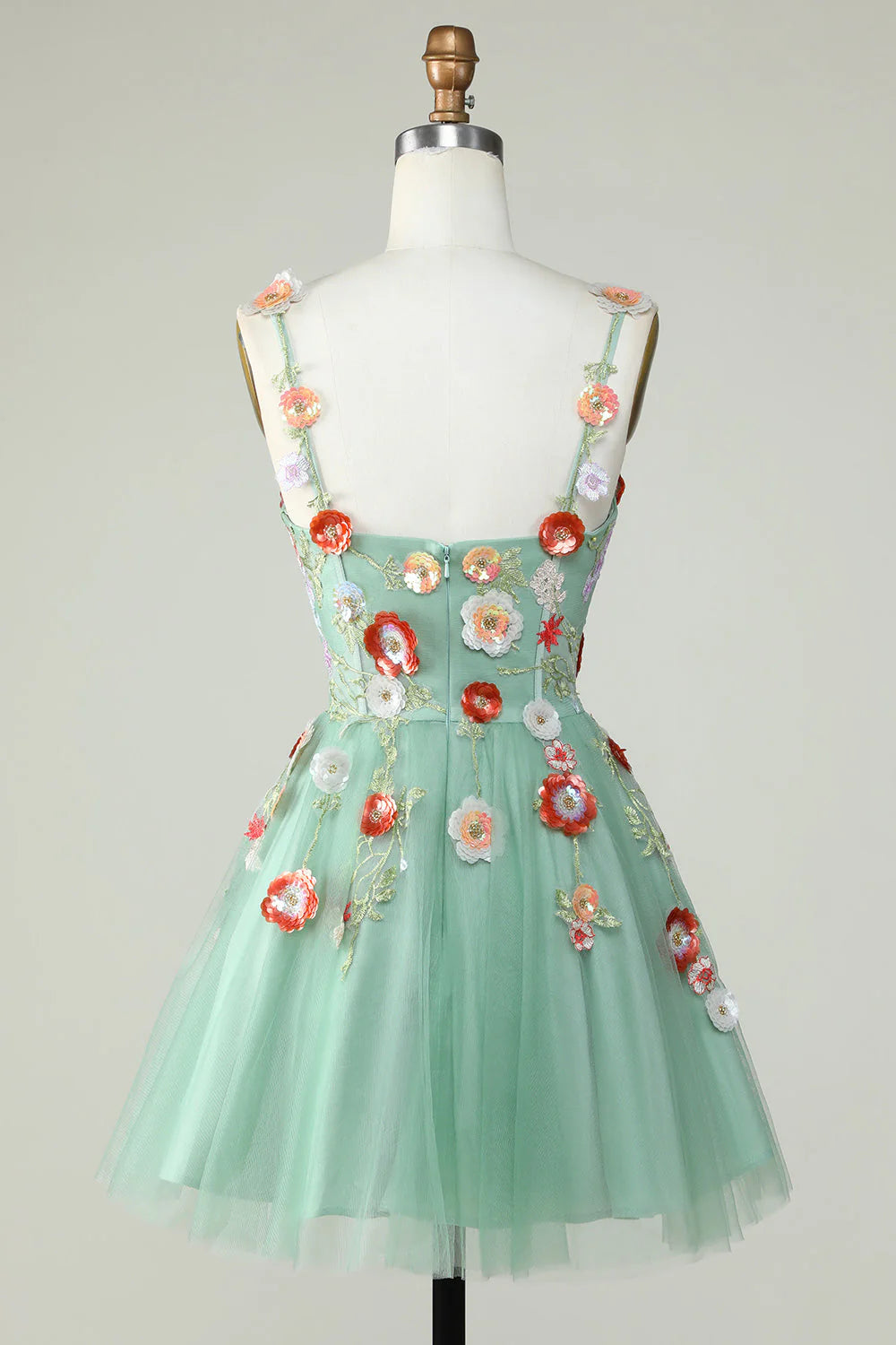 A Line Tulle Sparkly Green Homecoming Dress With Flowers