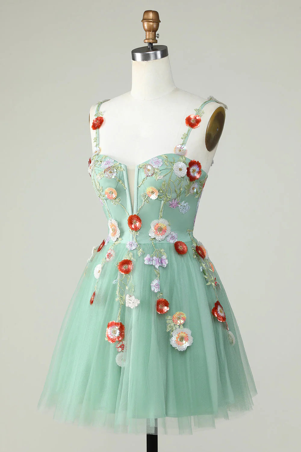 A Line Tulle Sparkly Green Homecoming Dress With Flowers