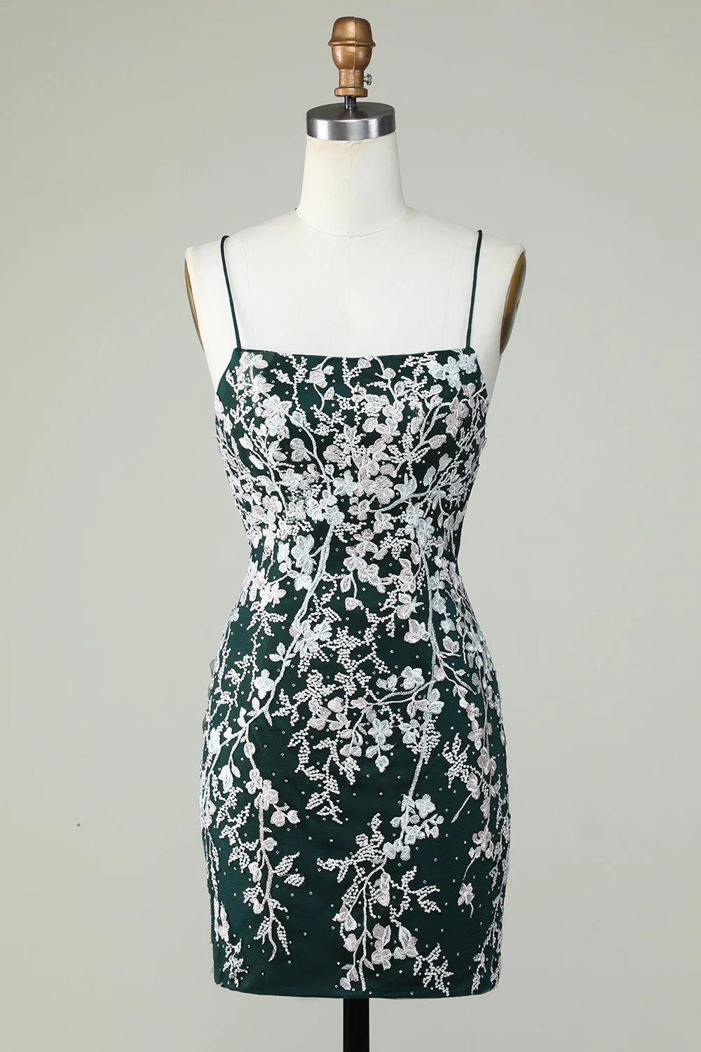 Spaghetti Straps Tight Dark Green Homecoming Dress With Appliques