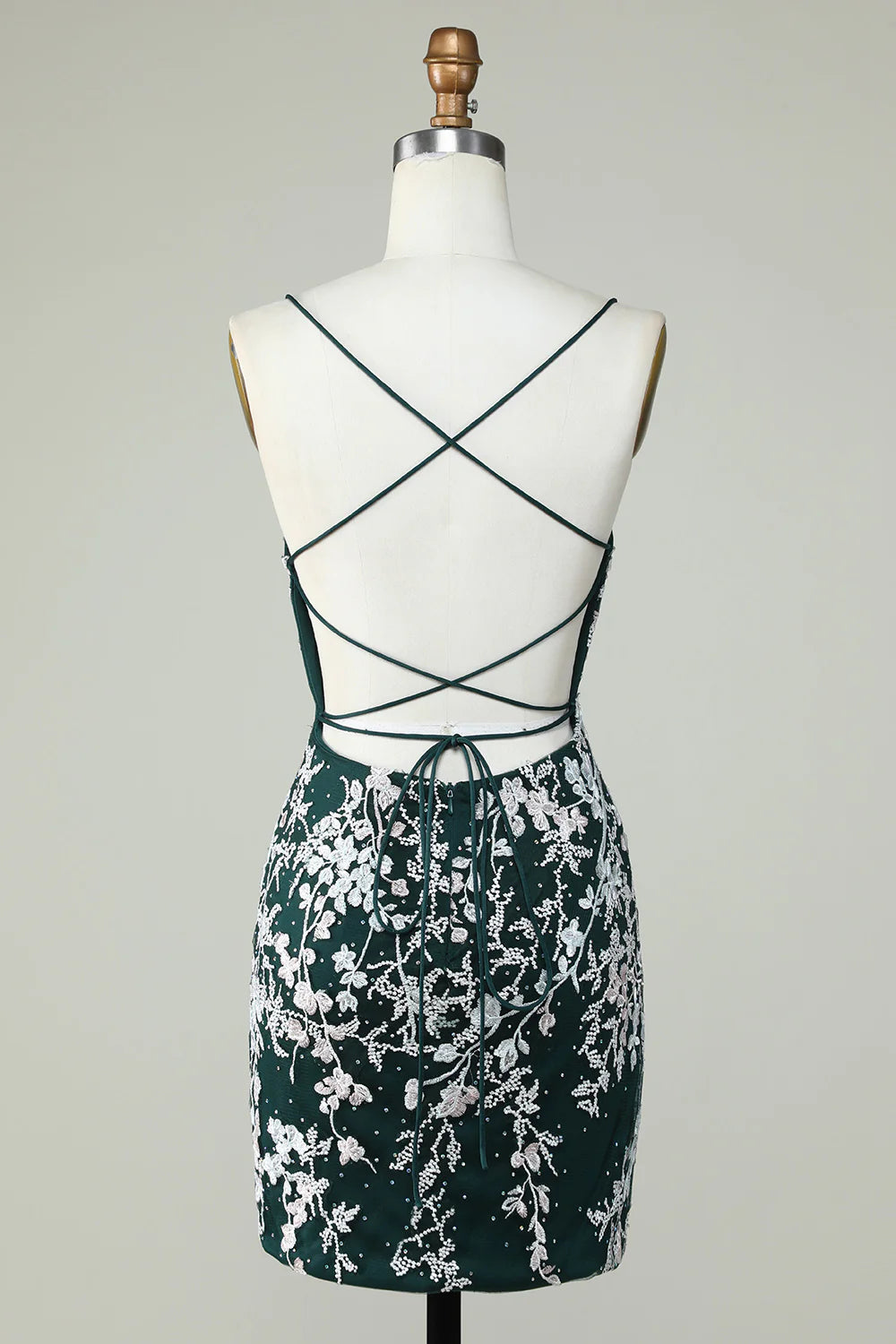 Spaghetti Straps Tight Dark Green Homecoming Dress With Appliques