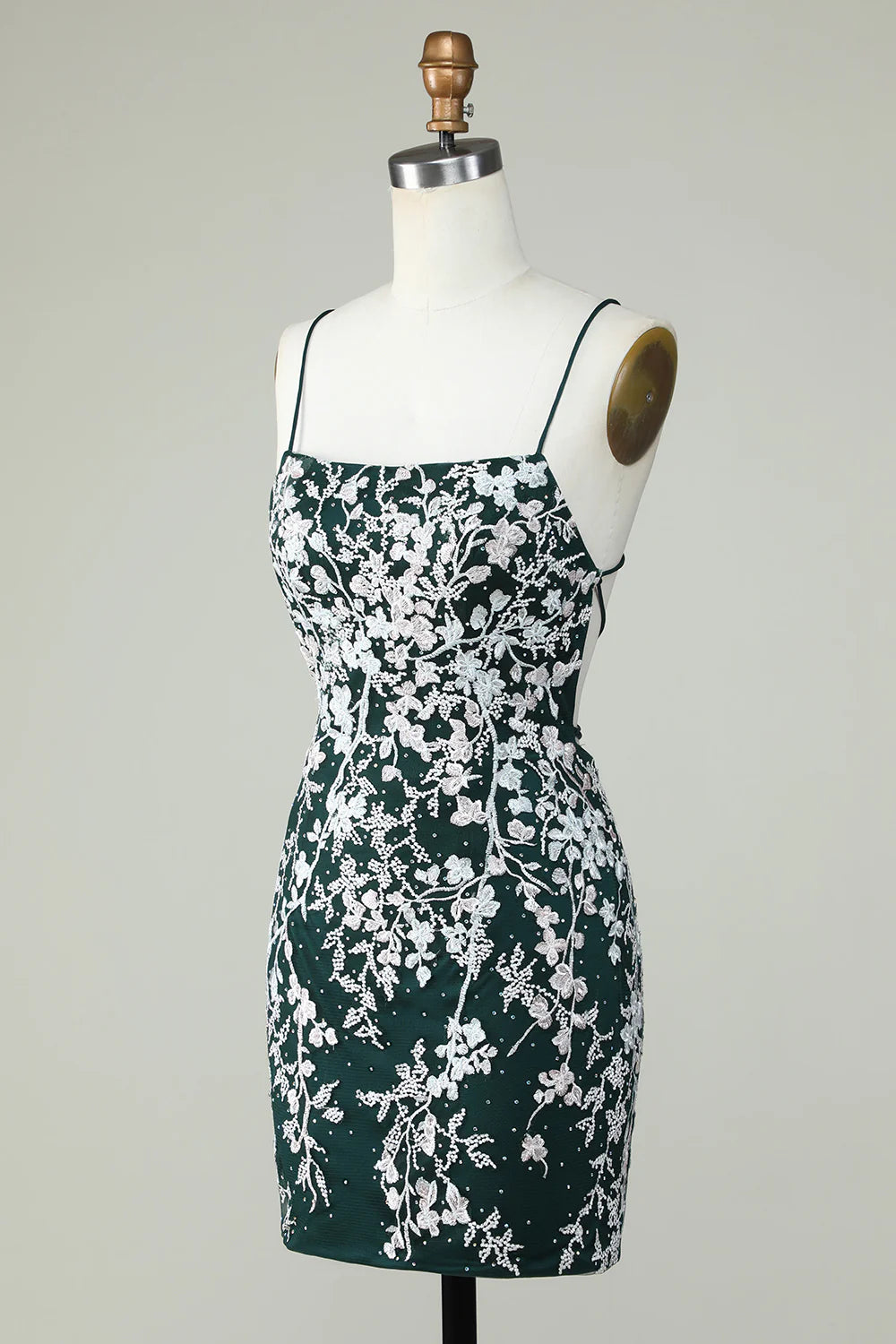 Spaghetti Straps Tight Dark Green Homecoming Dress With Appliques