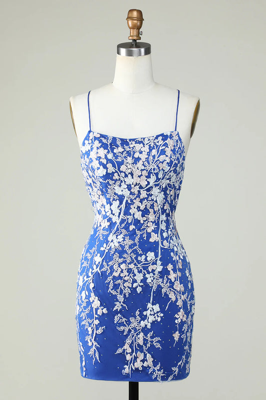 Spaghetti Straps Tight Royal Blue Homecoming Dress With Appliques