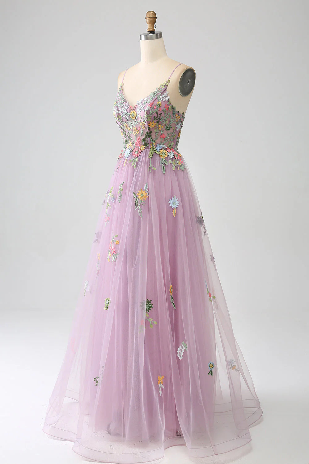 A-Line Spaghetti Straps Tulle Long Mauve Prom Dress With Embroidery