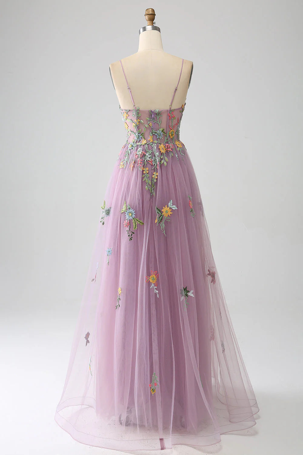 A-Line Spaghetti Straps Tulle Long Mauve Prom Dress With Embroidery