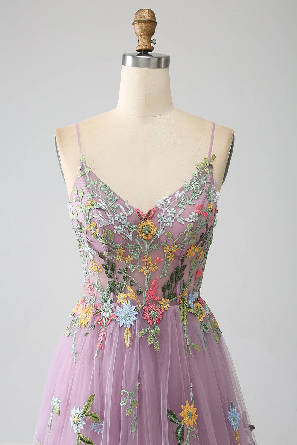 A-Line Spaghetti Straps Tulle Long Mauve Prom Dress With Embroidery