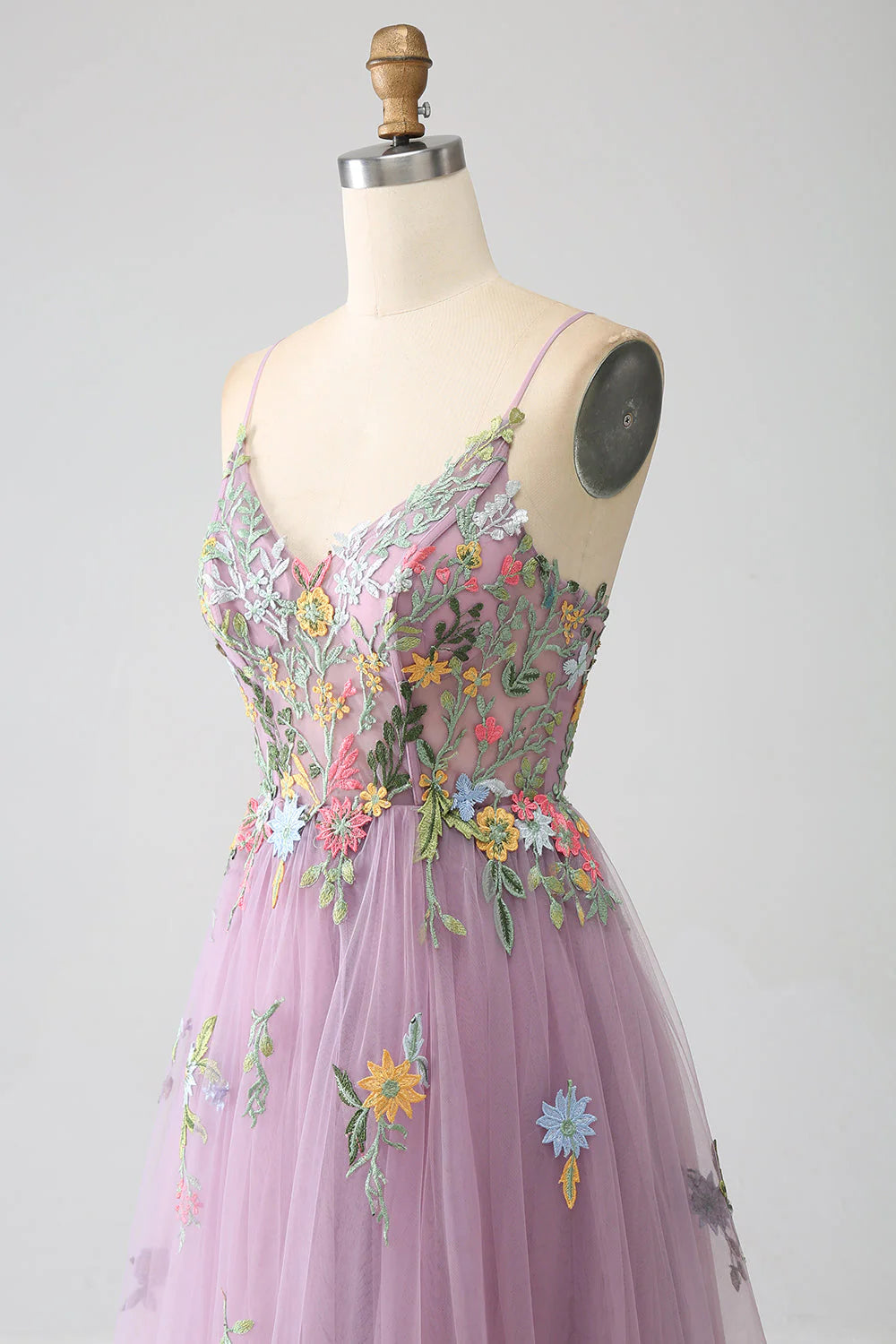 A-Line Spaghetti Straps Tulle Long Mauve Prom Dress With Embroidery