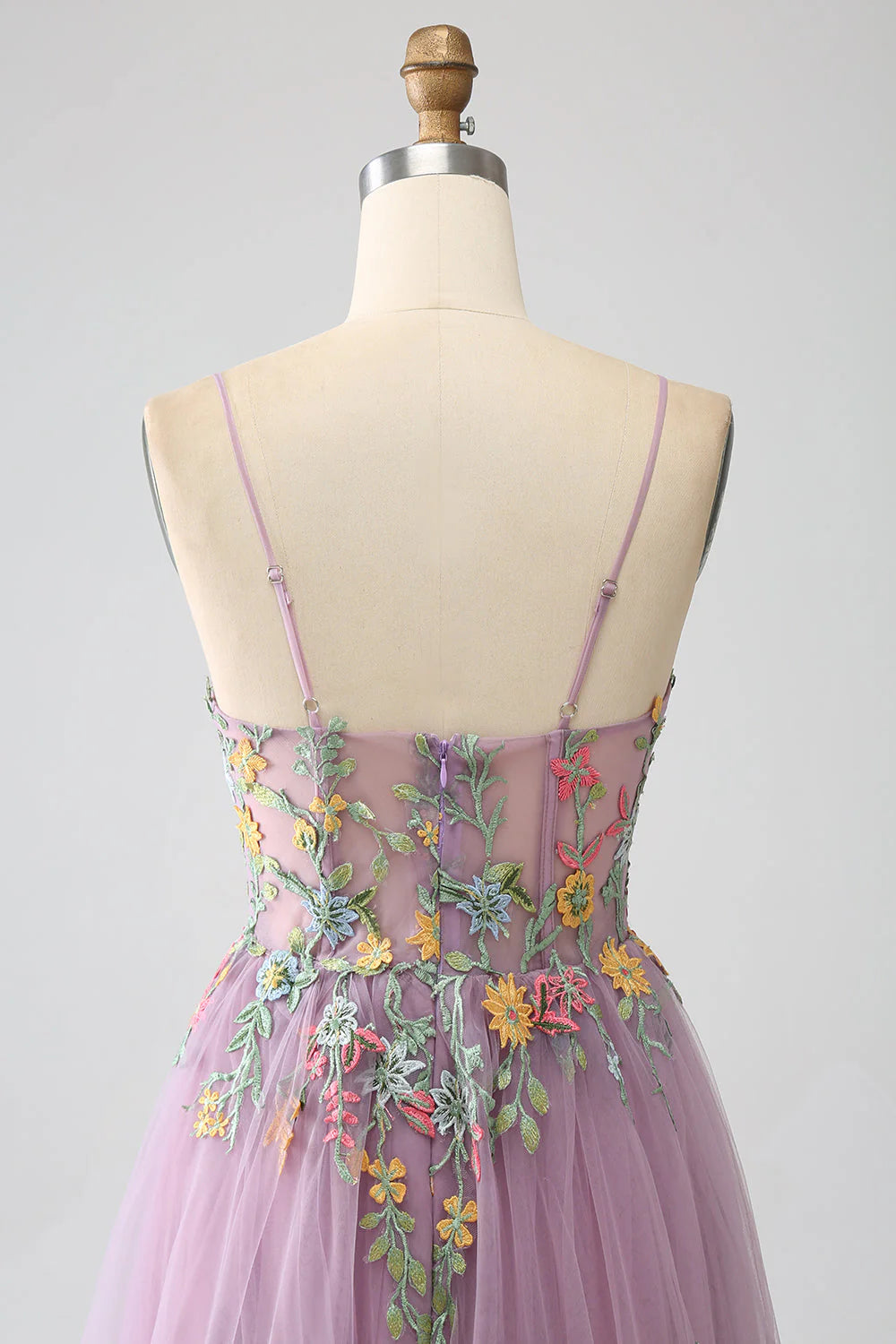 A-Line Spaghetti Straps Tulle Long Mauve Prom Dress With Embroidery