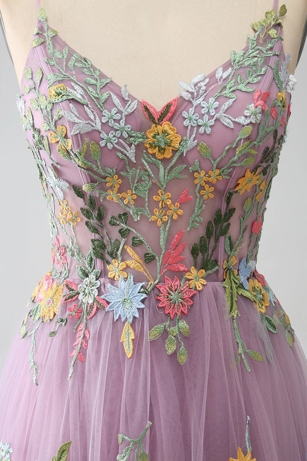 A-Line Spaghetti Straps Tulle Long Mauve Prom Dress With Embroidery