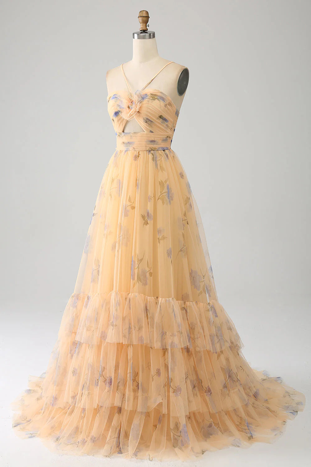 A-Line Halter Pleated Tulle Tiered Yellow Prom Dress With Embroidery