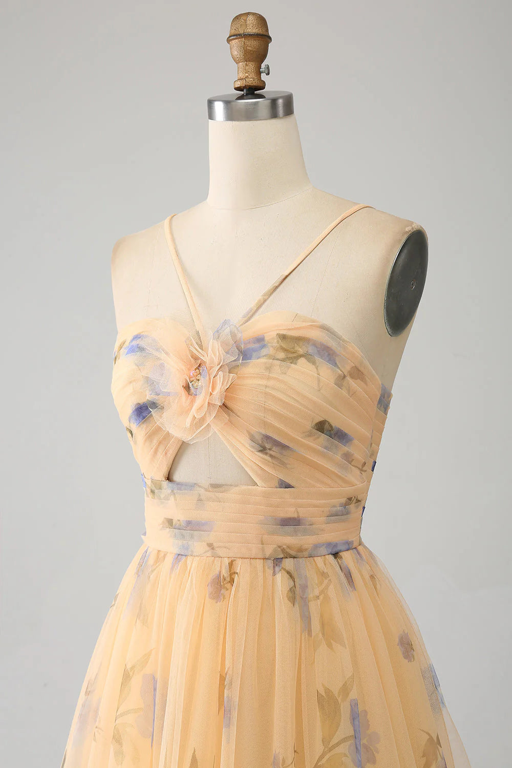 A-Line Halter Pleated Tulle Tiered Yellow Prom Dress With Embroidery