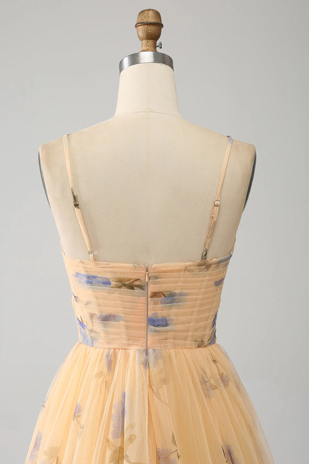 A-Line Halter Pleated Tulle Tiered Yellow Prom Dress With Embroidery