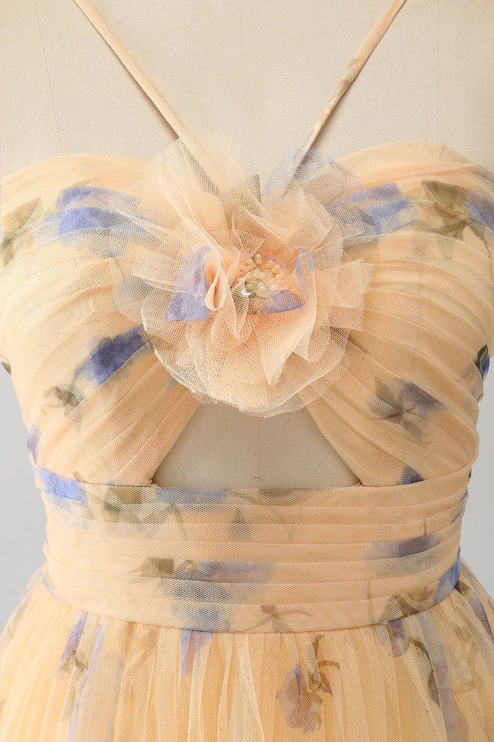 A-Line Halter Pleated Tulle Tiered Yellow Prom Dress With Embroidery