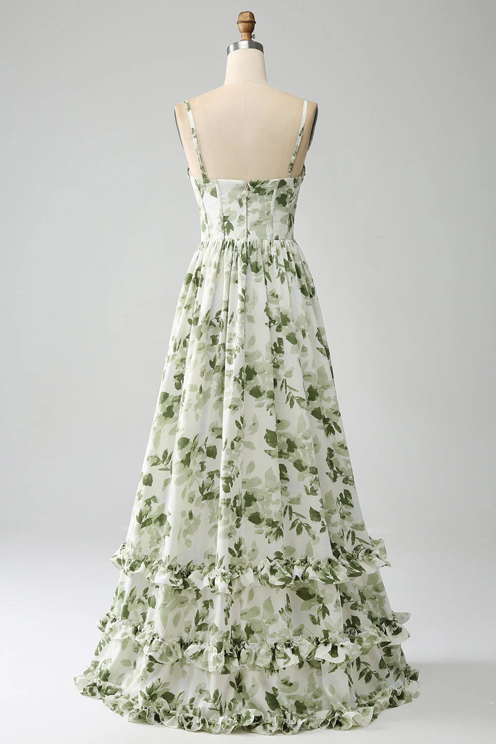 A-Line Spaghetti Straps Printed Pleated Green Long Prom Dress With Slit