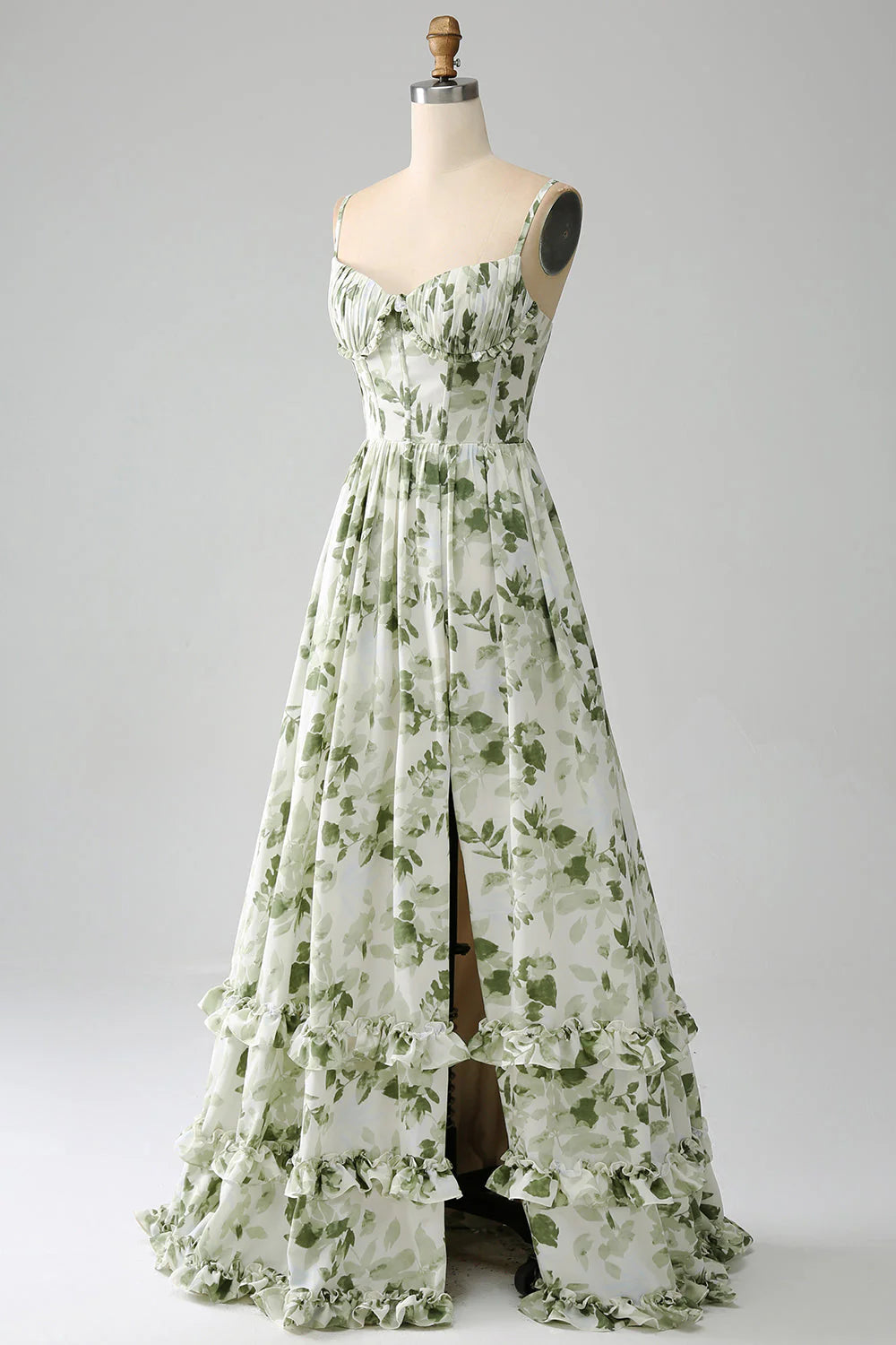 A-Line Spaghetti Straps Printed Pleated Green Long Prom Dress With Slit