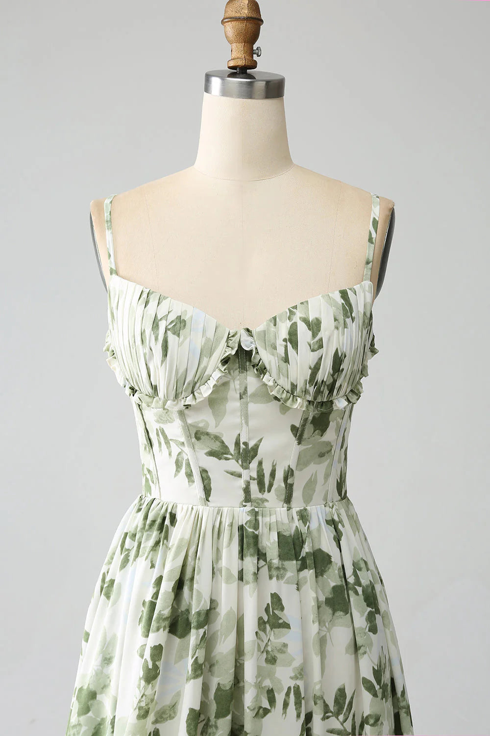 A-Line Spaghetti Straps Printed Pleated Green Long Prom Dress With Slit
