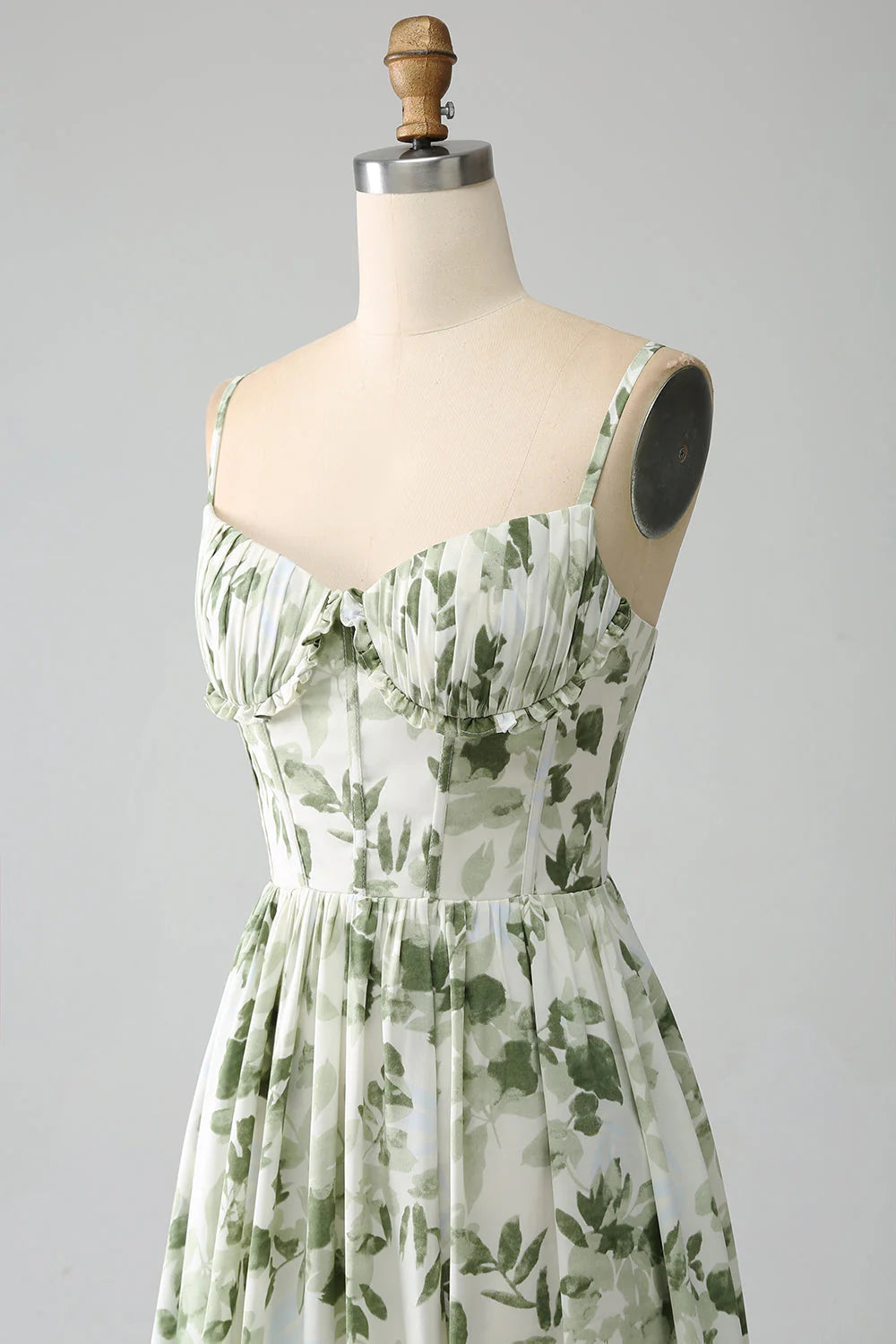 A-Line Spaghetti Straps Printed Pleated Green Long Prom Dress With Slit