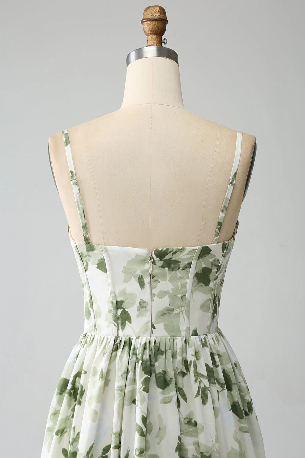 A-Line Spaghetti Straps Printed Pleated Green Long Prom Dress With Slit