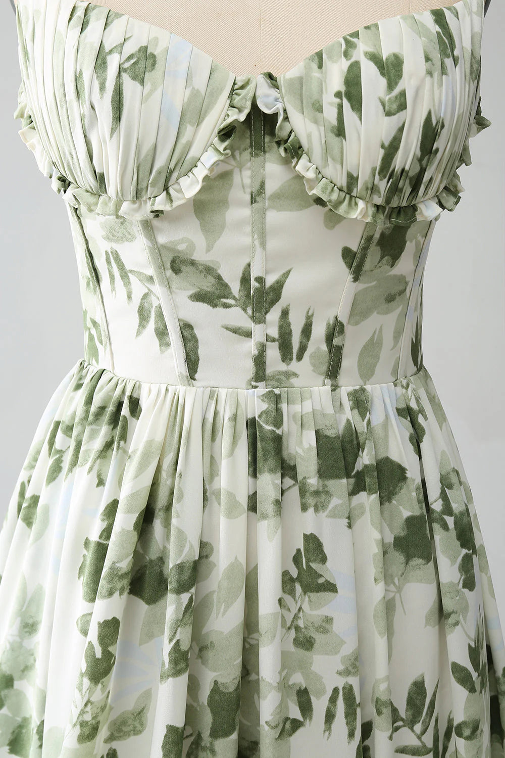 A-Line Spaghetti Straps Printed Pleated Green Long Prom Dress With Slit