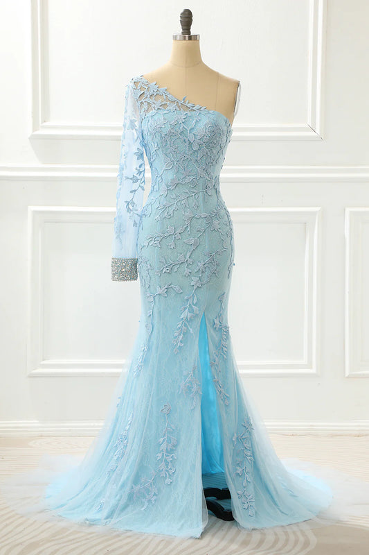 Sky Blue One Shoulder Mermaid Prom Dress With Appliques