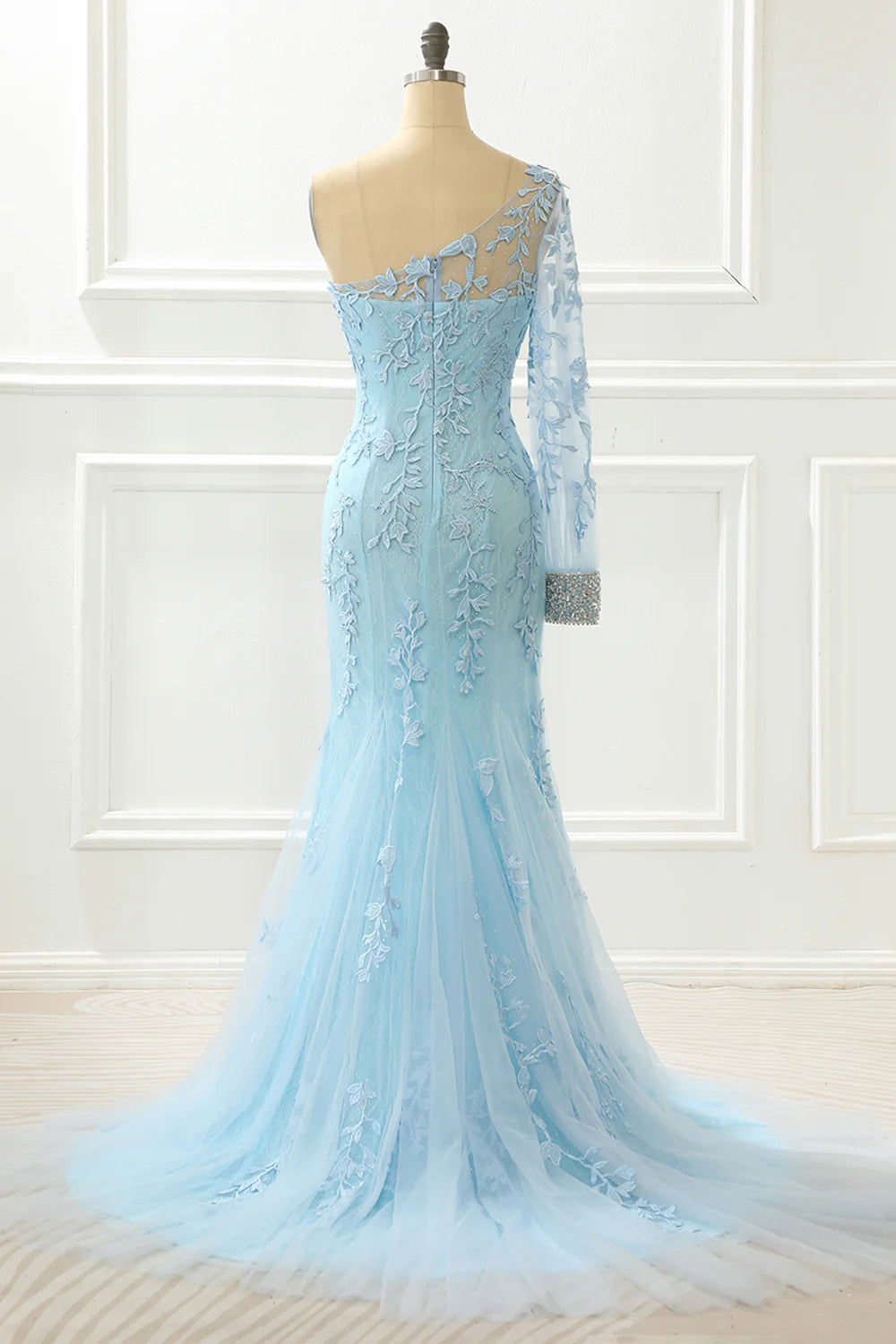 Sky Blue One Shoulder Mermaid Prom Dress With Appliques
