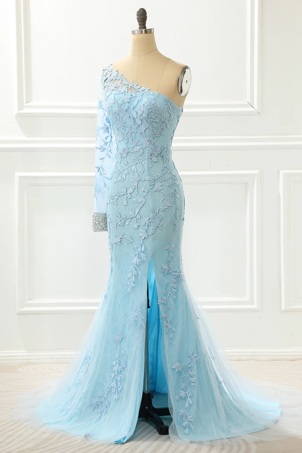 Sky Blue One Shoulder Mermaid Prom Dress With Appliques