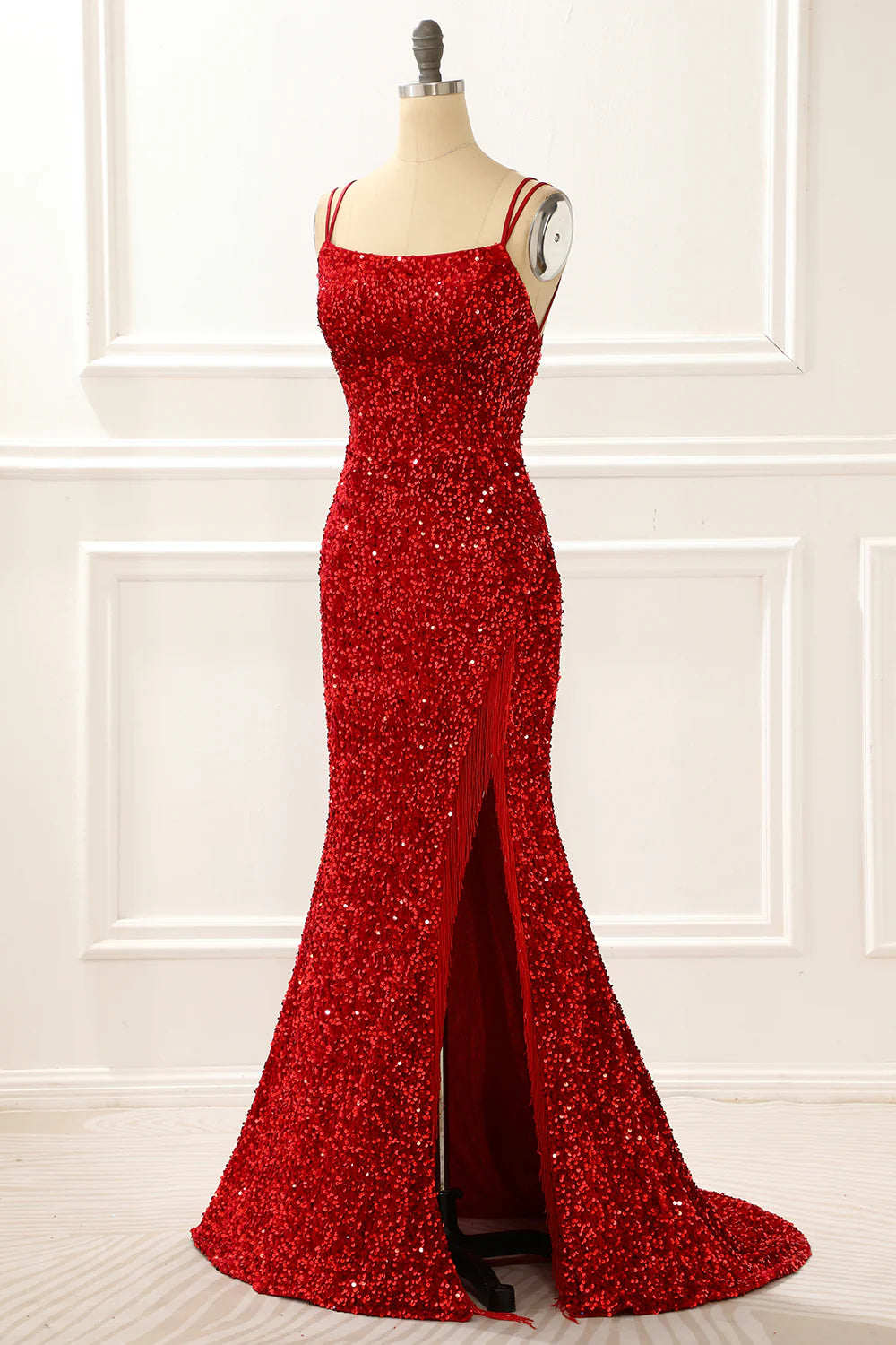 Red Mermaid Sparkly Prom Dress With Fringes
