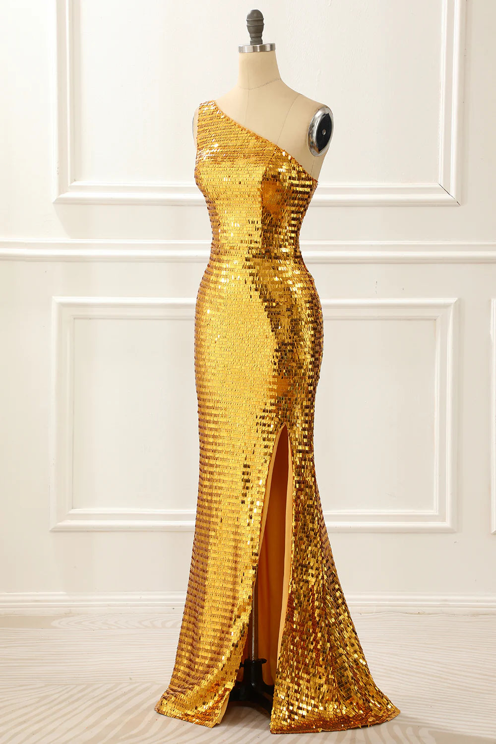 One Shoulder Sparkly Gold Prom Dress With Slit