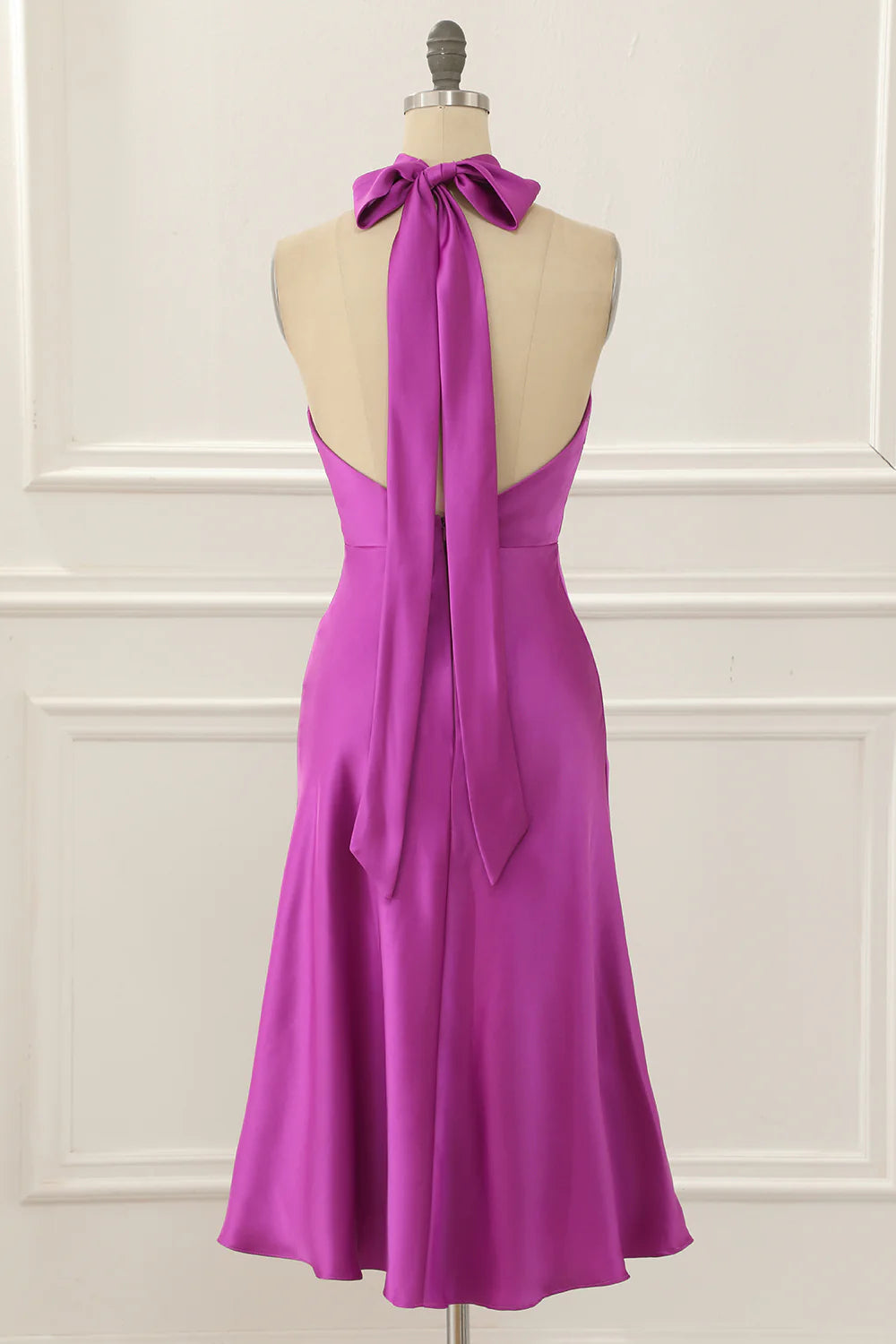 Satin Halter Short Simple Fuchsia Prom Dress