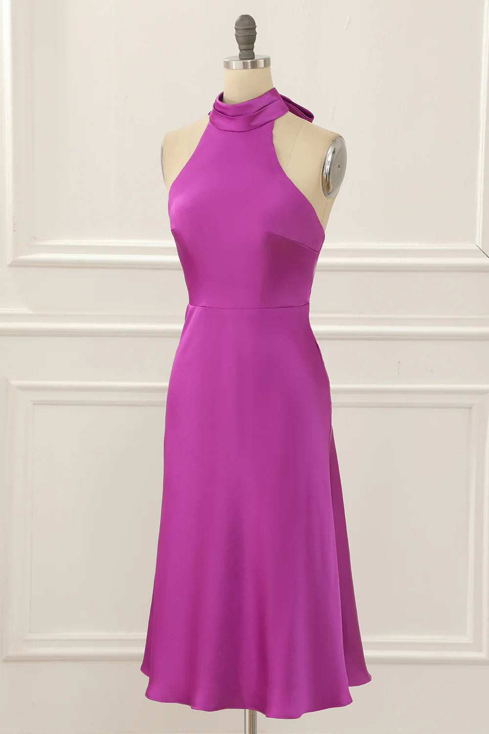 Satin Halter Short Simple Fuchsia Prom Dress