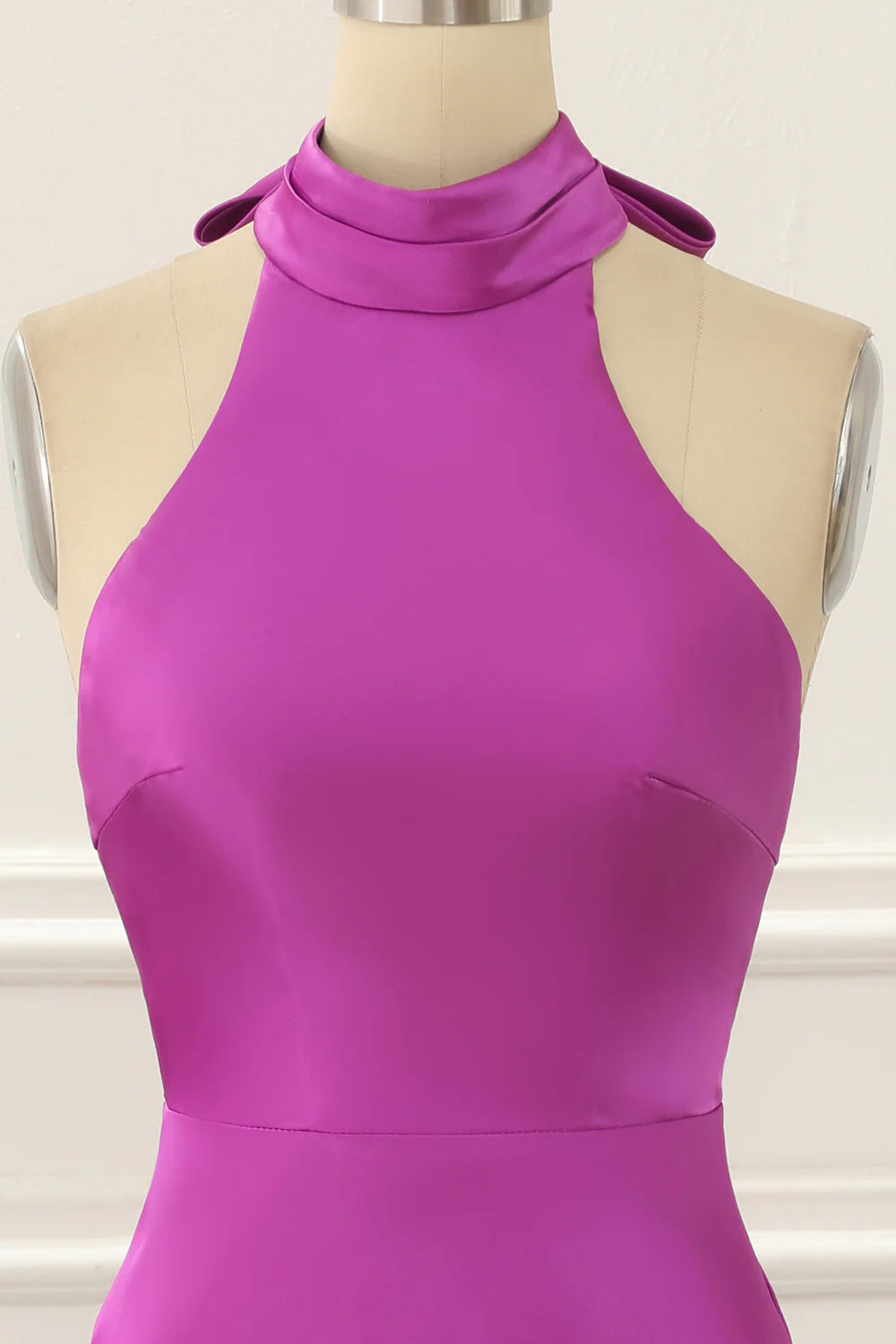Satin Halter Short Simple Fuchsia Prom Dress