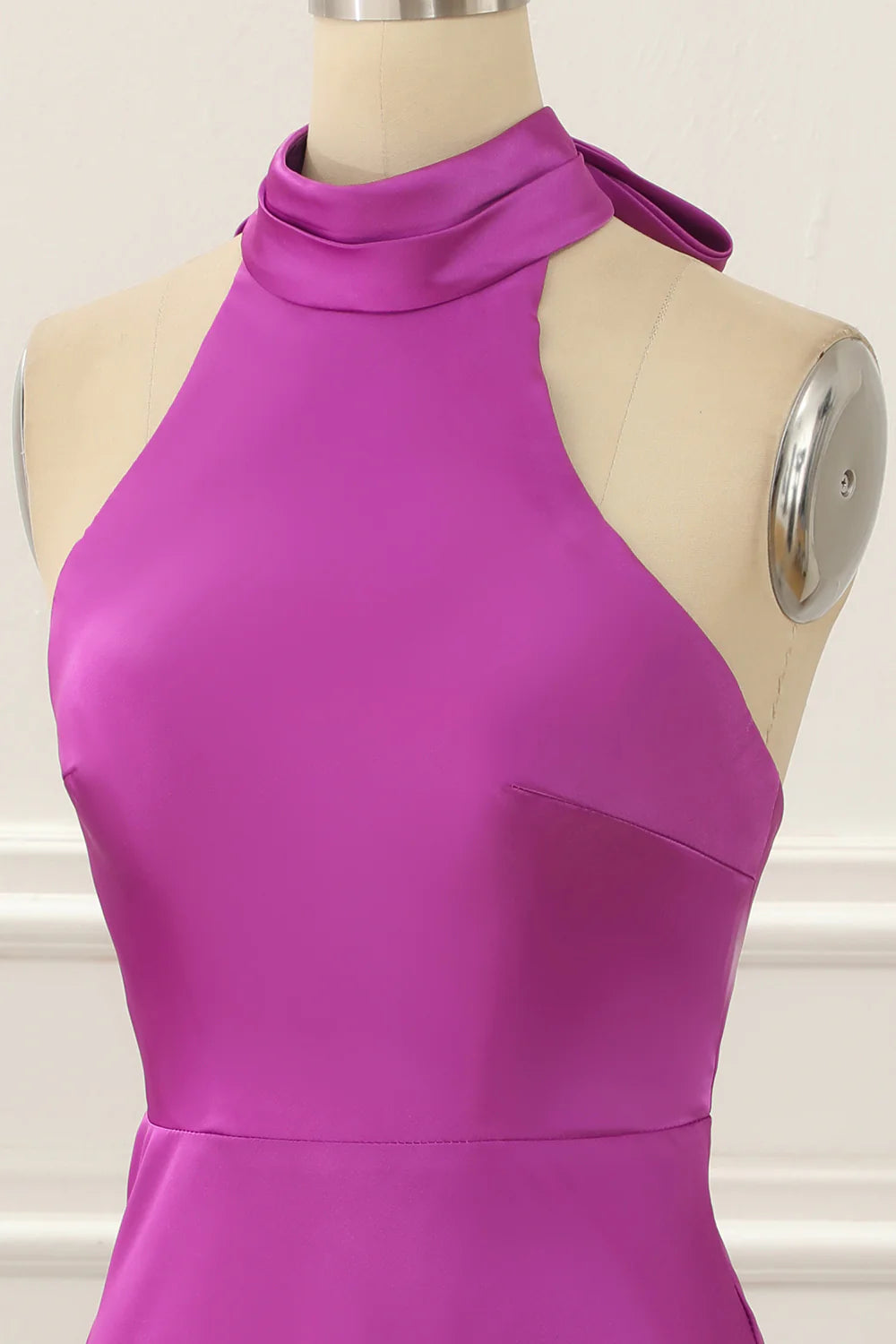Satin Halter Short Simple Fuchsia Prom Dress