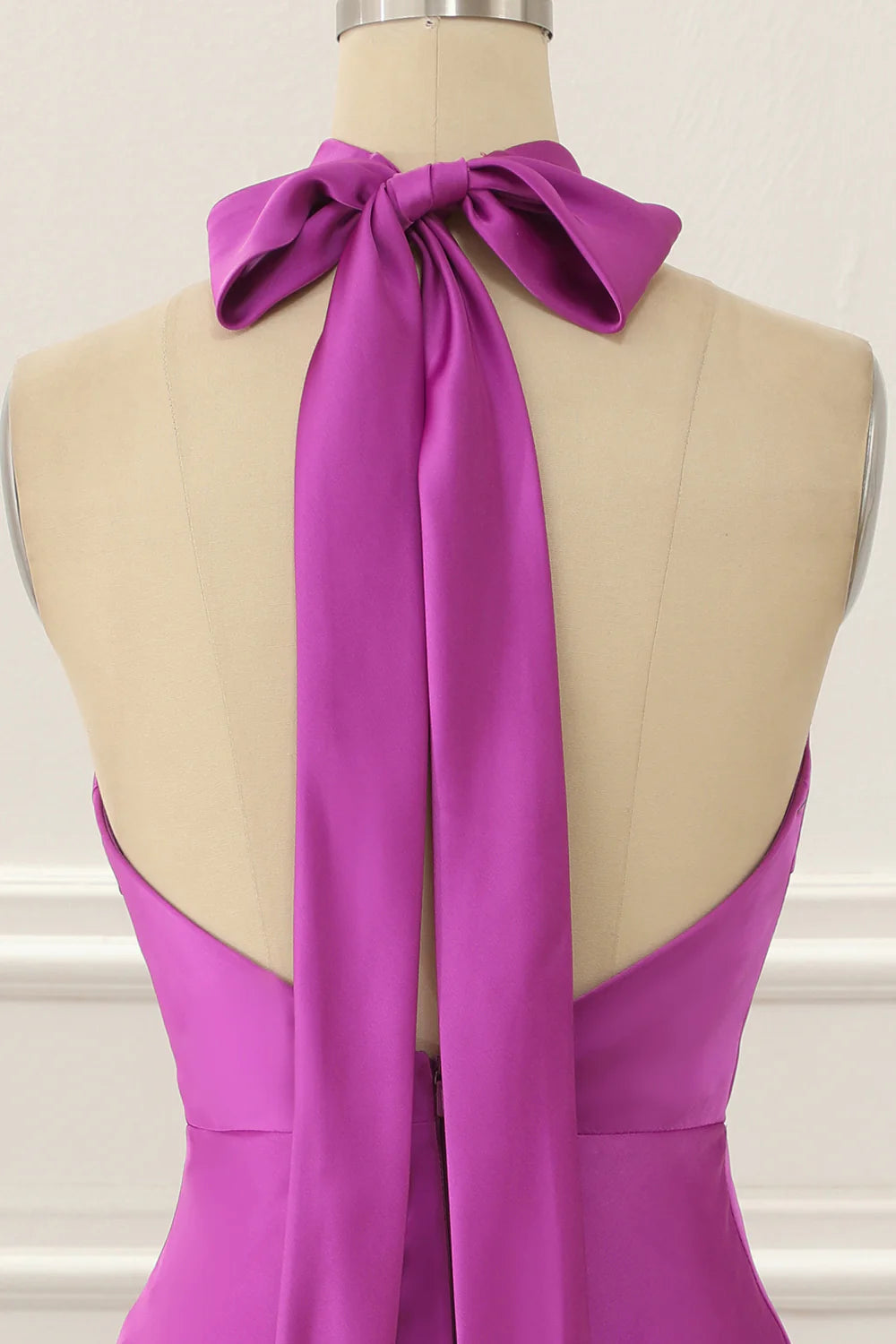 Satin Halter Short Simple Fuchsia Prom Dress