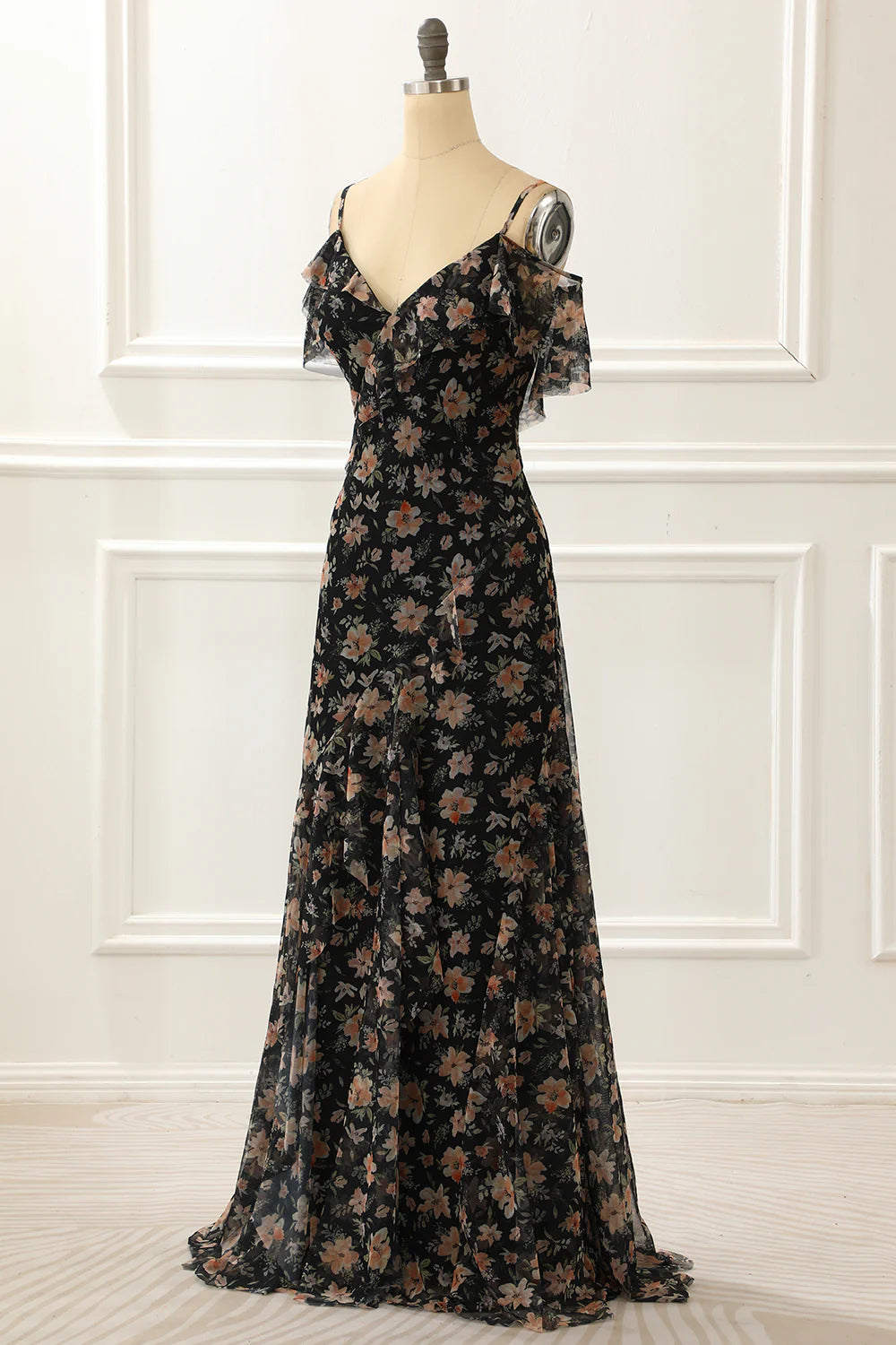 Black Off The Shoulder A Line Prom Dress With Floral