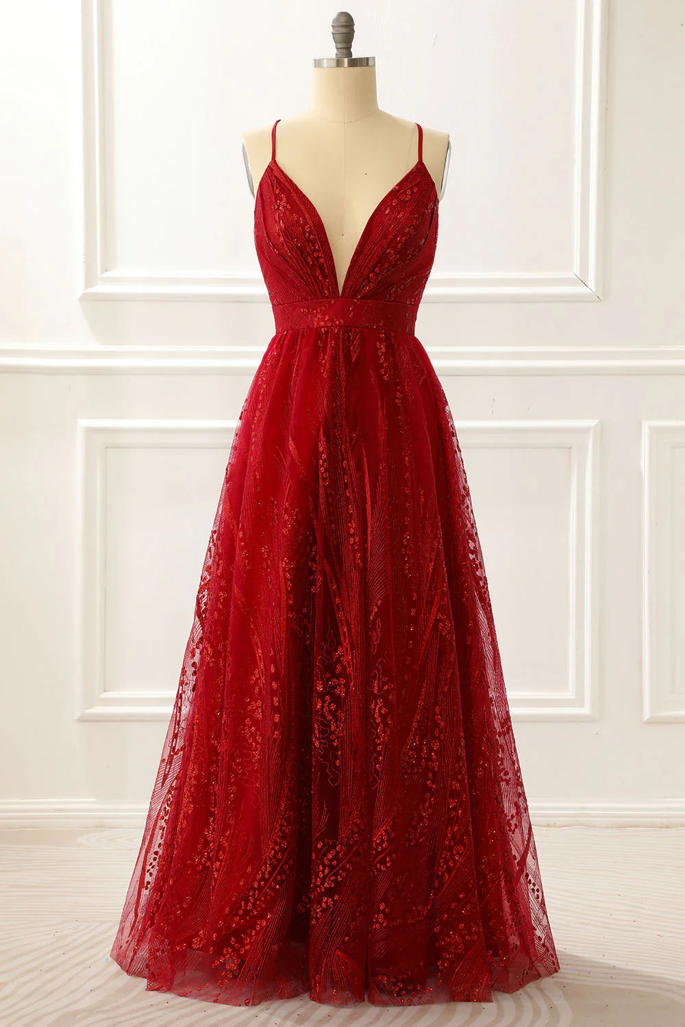 Burgundy Spaghetti Straps A Line Princess Prom Dress