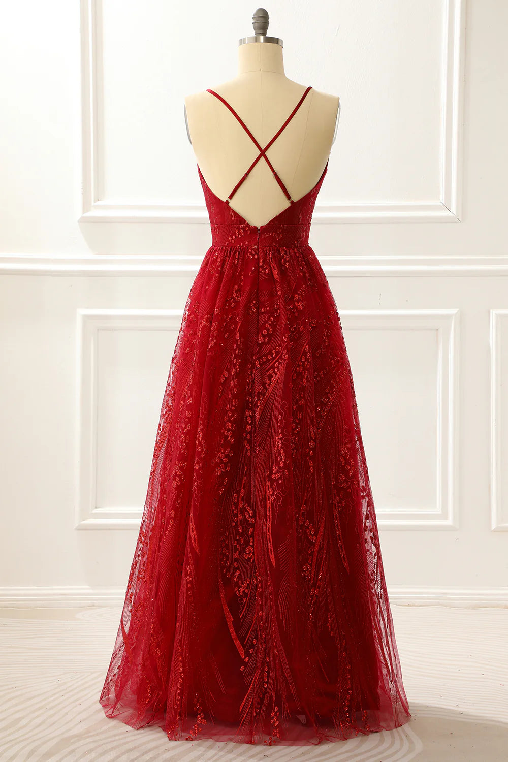 Burgundy Spaghetti Straps A Line Princess Prom Dress