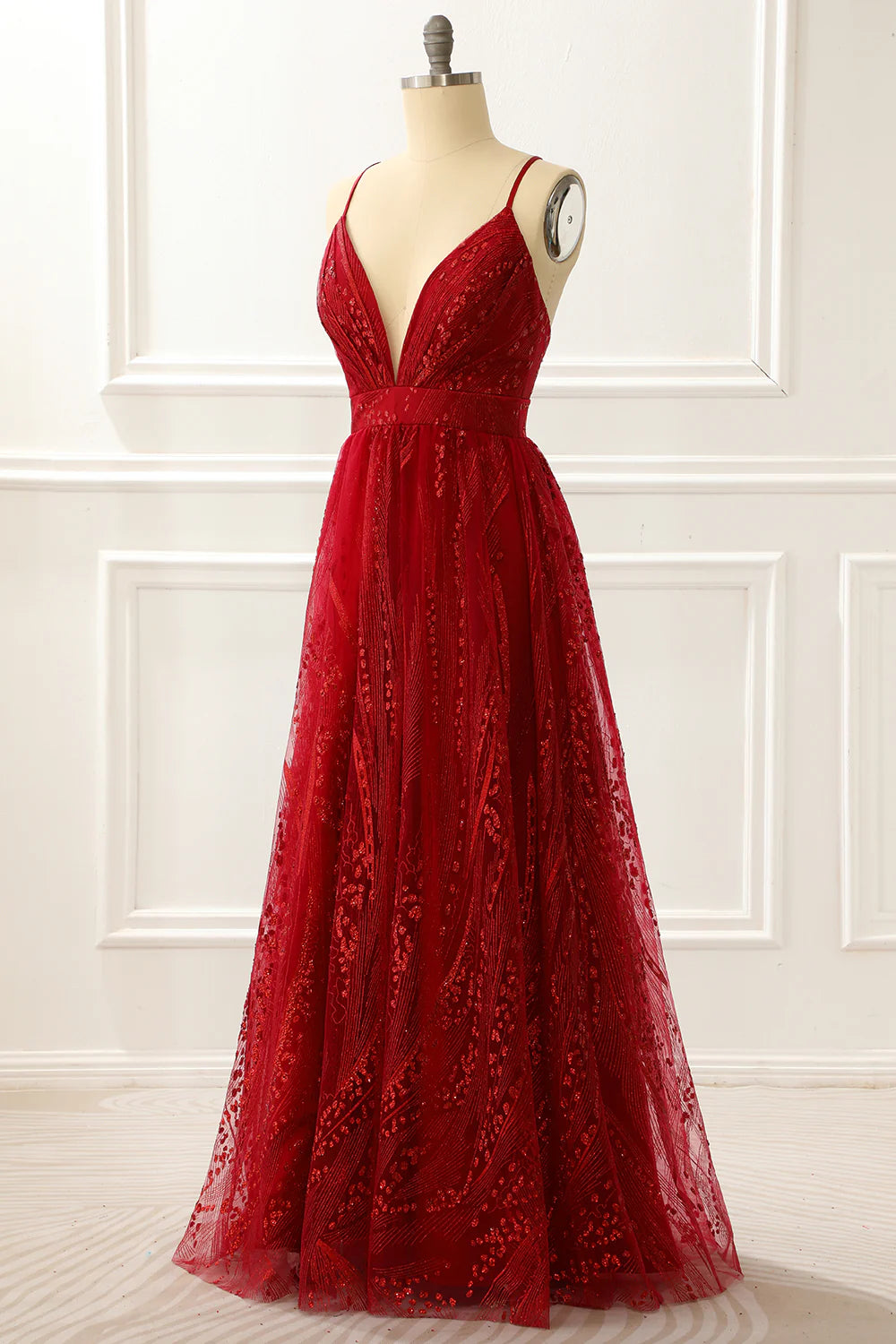 Burgundy Spaghetti Straps A Line Princess Prom Dress